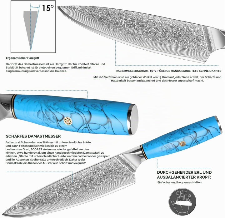 Home Safety Damast Küchenmesser, Kochmesser Damastmesser mit extrem Scharf 19.5 cm Klinge Chefmesser