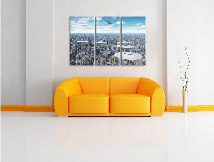 Pixxprint UFO´s über der Stadt als Leinwandbild/Grösse: 3 Teilig (120x80 cm) cm/Wandbild/Kunstdruck/