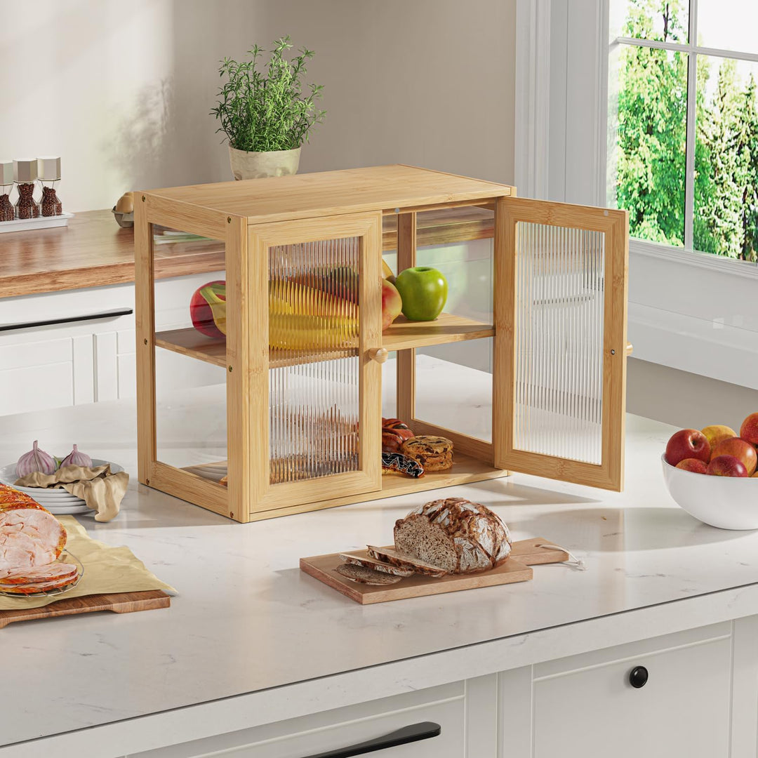 BAMBANG Bambus Brotbox für Küchentheke, Brotkasten Bauernhaus Brotbox mit 2 Türen, Holz Brotkasten B