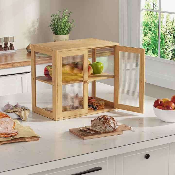 BAMBANG Bambus Brotbox für Küchentheke, Brotkasten Bauernhaus Brotbox mit 2 Türen, Holz Brotkasten B
