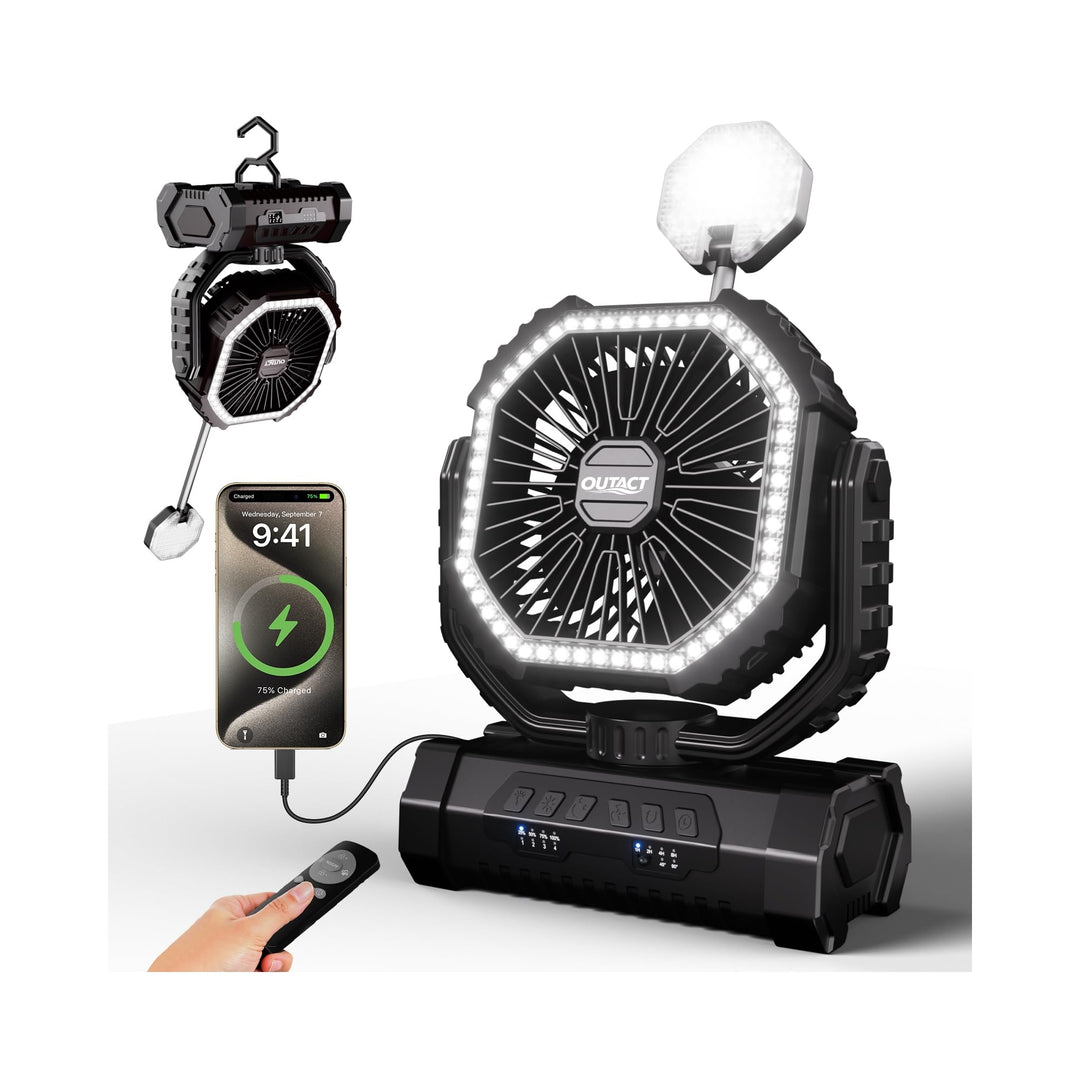 Camping Ventilator 20000mAh, Wiederaufladbarer Tischventilator USB Ventilator mit LED Licht & Haken,