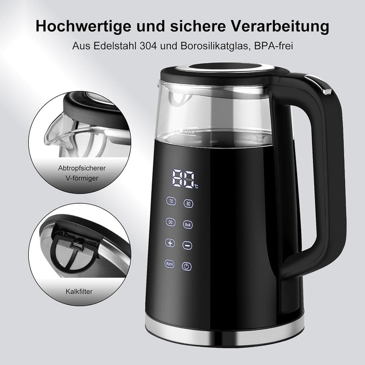WANNYTON Wasserkocher 1,7 L mit Temperatureinstellung Temperaturwahl (40-100℃), Edelstahl Glas, BPA-