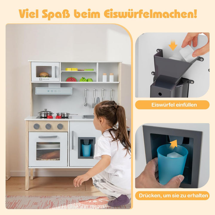 GOPLUS Kinderküche Holz, Kinderspielküche mit Mikrowelle, Spüle, Wasserhahn, Gasherde, Abzugshaube,