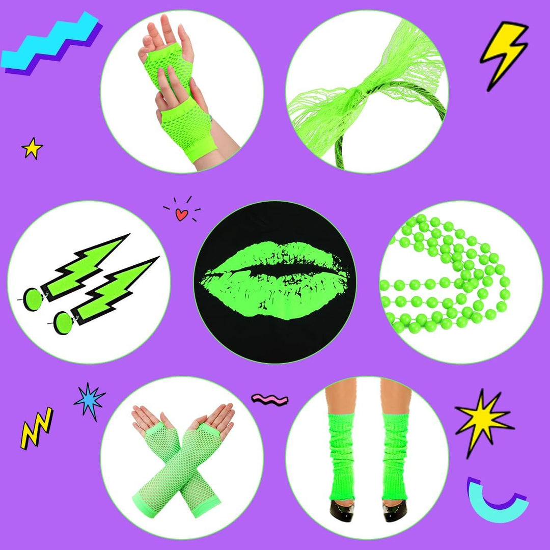 80er 90er Jahre Outfit Damen, T-Shirt, Beinwärmer, Stirnband, Ohrring, Halskette, Netzhandschuhe, 80