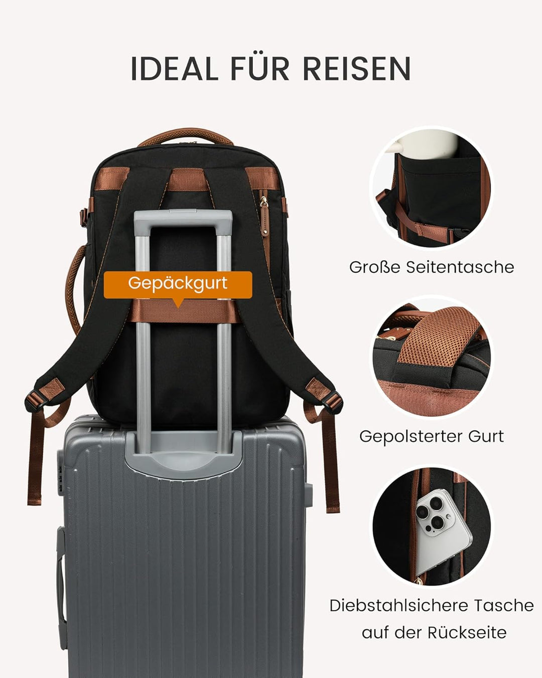 LOVEVOOK Reiserucksack Handgepäck Flugzeug, 40L Reise Rucksack Damen mit 17,3 Zoll Laptopfach, Gross