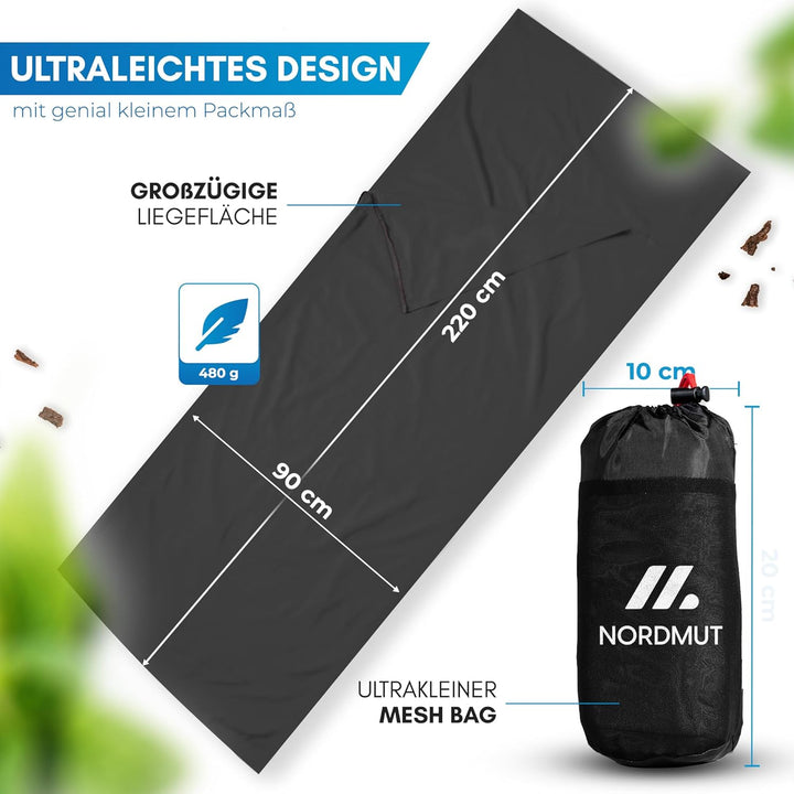 NORDMUT® Hüttenschlafsack Mikrofaser Ultraleicht - Sommerschlafsack Kleines Packmass & Atmungsaktiv