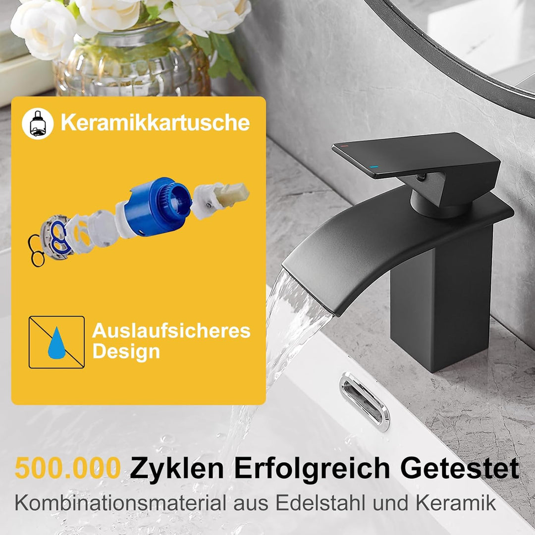 BESy Wasserfall Waschtischarmatur aus Edelstahl, Waschbecken Wasserhahn mit Auslauf Höhe 82mm, Einhe