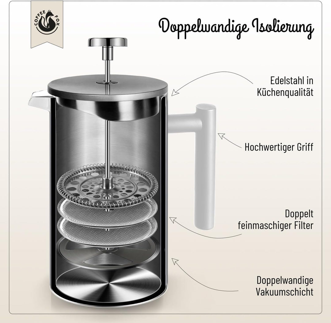 French Press Kaffeekanne aus doppelwandigem Edelstahl Schwarze Pressfilterkanne Französische Kaffeep