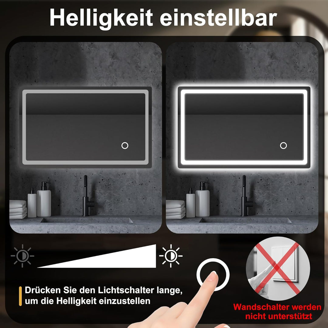 LED Badspiegel mit Beleuchtung 40x60cm, Badezimmerspiegel mit Stecker, Kaltweiss 6000K Wandspiegel f