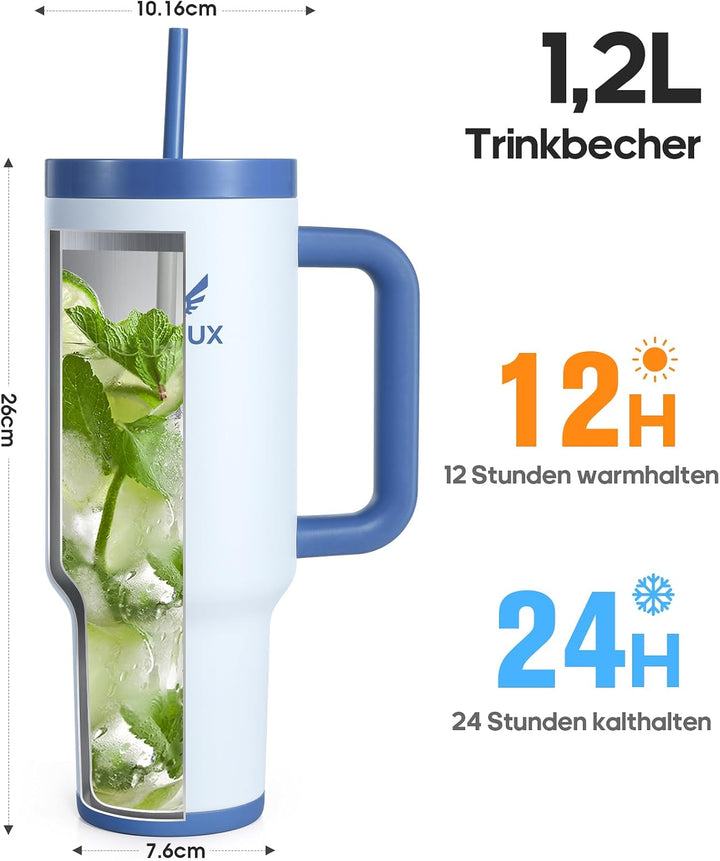 Trinkflasche Mit Strohhalm 1,2L-Thermobecher Mit Henkel, Doppelwandige Vakuumisolierung, Auslaufsich