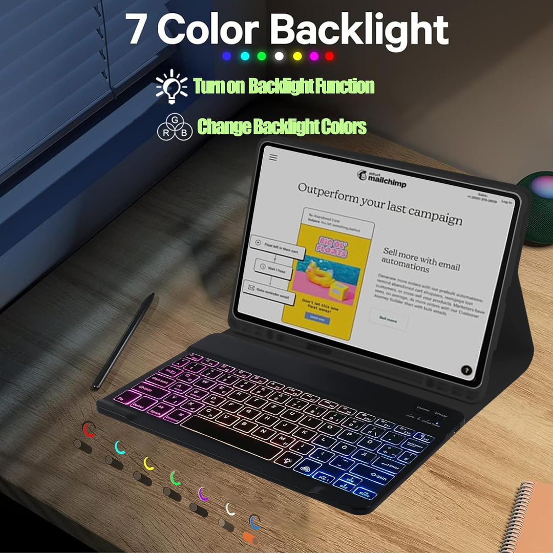 Tastatur Hülle für Samsung Galaxy Tab S11 11" 2025, TPU Rückseite Hülle mit 3 Bereich 7 Farbe Beleuc