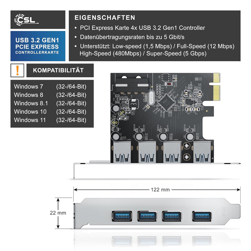 CSL - 4-Port USB 3.0 Super Speed Karte PCIe Express Controllerkarte, Schnittstellenkarte USB 3.0 - N