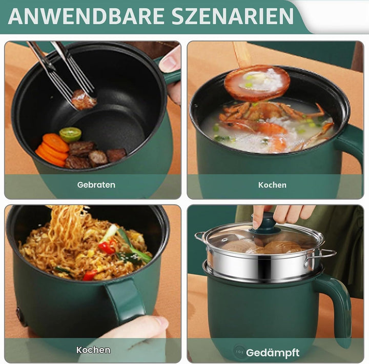 Elektrischer Hot Pot 1.5L, Tragbare Mini Antihaft Multikocher mit Dampfgarer, Schneller Ramen Kocher