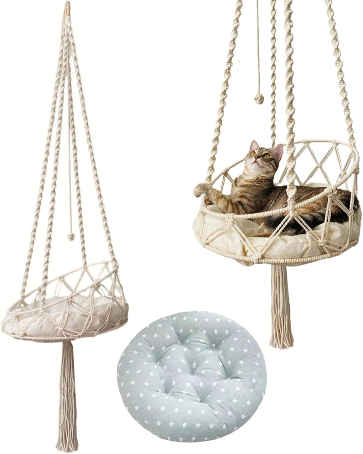 Katzenhängematte, 130 cm langes hängendes Katzenbett mit 40 cm Kissen, Boho-Makramee-Hängematte, Kat