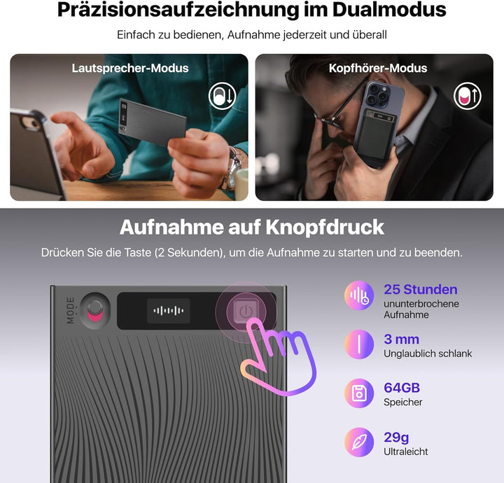 Mobvoi TicNote KI Digitales Diktiergerät, 64 GB Speicher, Notizrekorder mit Hülle, App-Steuerung, üb