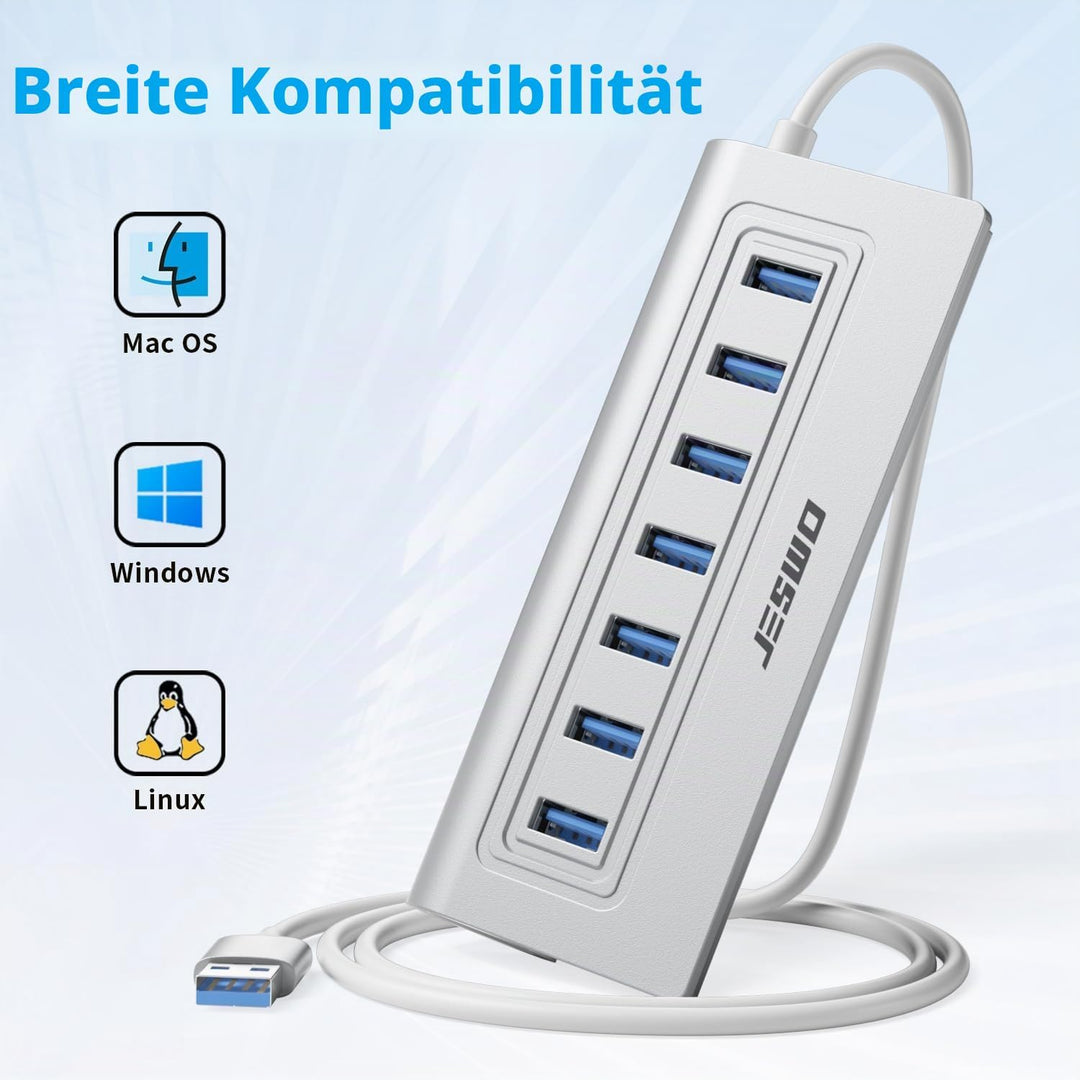 USB Hub 3.0 7-Port, Aluminium USB Verteiler Adapter mit Mehrfach USB 3.0 5Gbit/s, 100cm Langkabel un