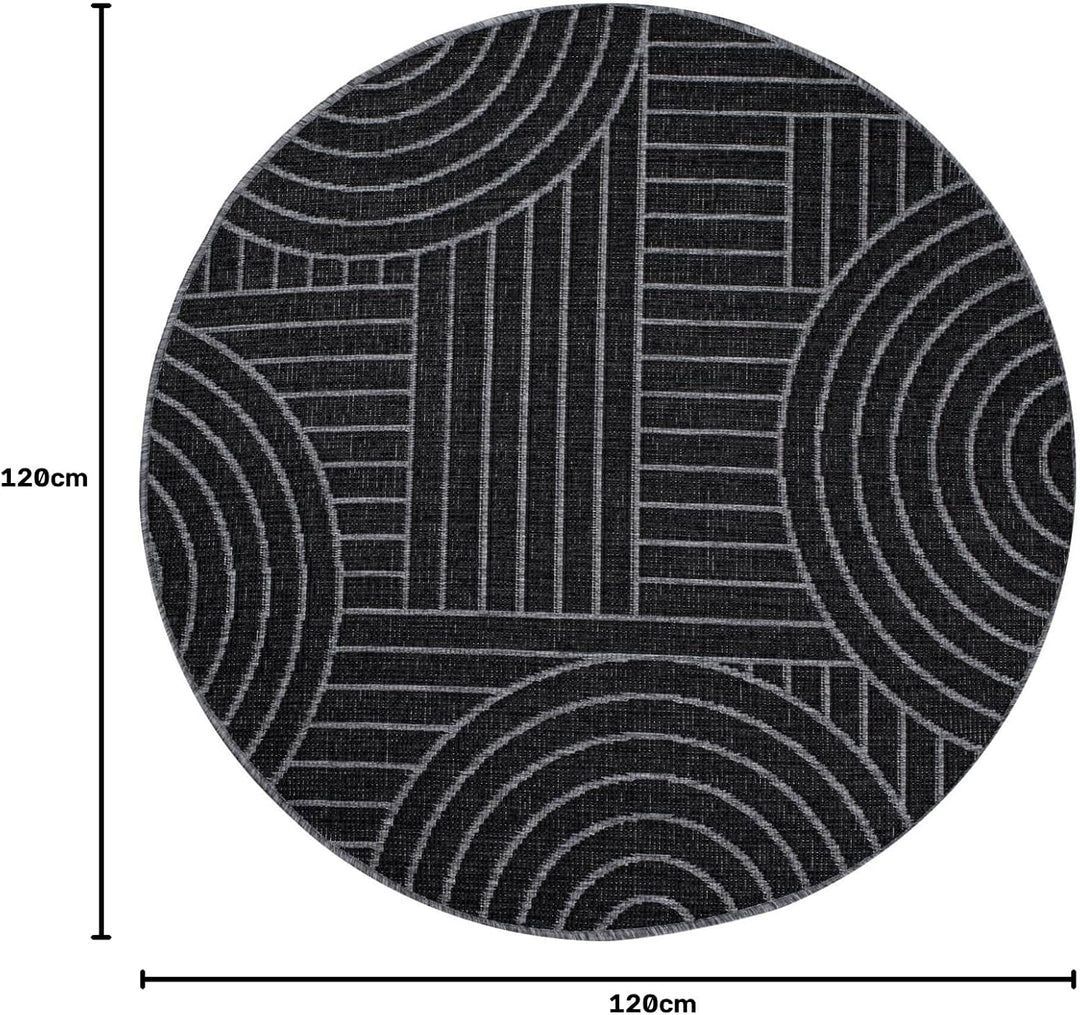 carpet city Outdoor Teppich Wetterfest 120 cm Rund - Grau-Anthrazit - Wendeteppich, Beidseitiges Geo