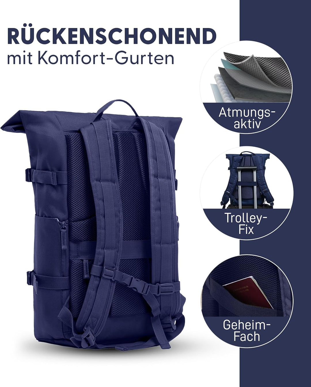 Rucksack Kane Roll-Top Kurierrucksack XL gross - PET recycelt, wasserabweisend - Wander-Rucksack Lap