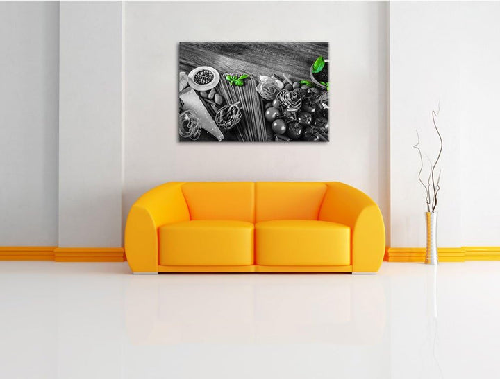 Pasta mit frischen Gewürzen schwarz/weiss Format: 100x70 auf Leinwand, XXL riesige Bilder fertig ger