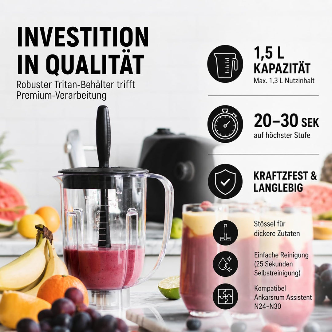Ankarsrum Mixer + Stössel, BPA-freier 1,5 Liter Tritan Behälter | für Smoothies, Shakes, Suppen &amp; Ei