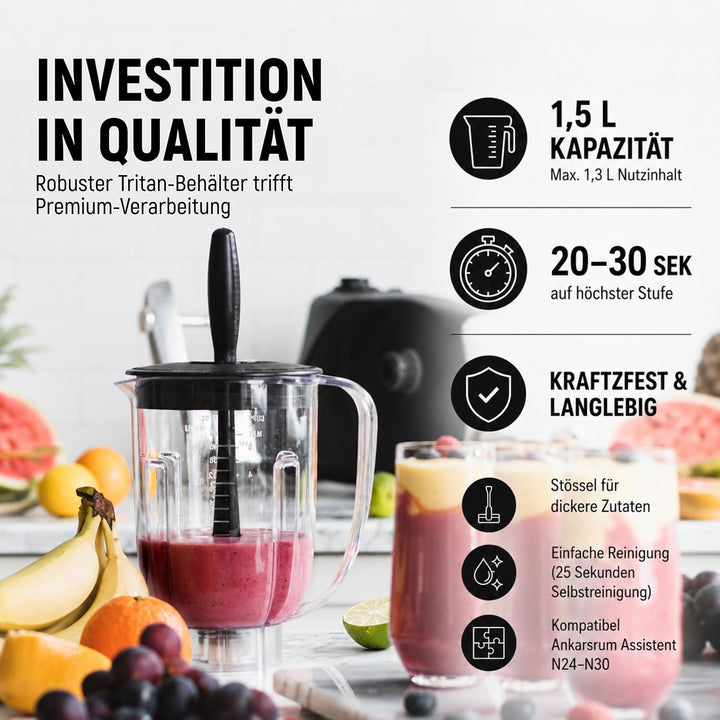 Ankarsrum Mixer + Stössel, BPA-freier 1,5 Liter Tritan Behälter | für Smoothies, Shakes, Suppen &amp; Ei