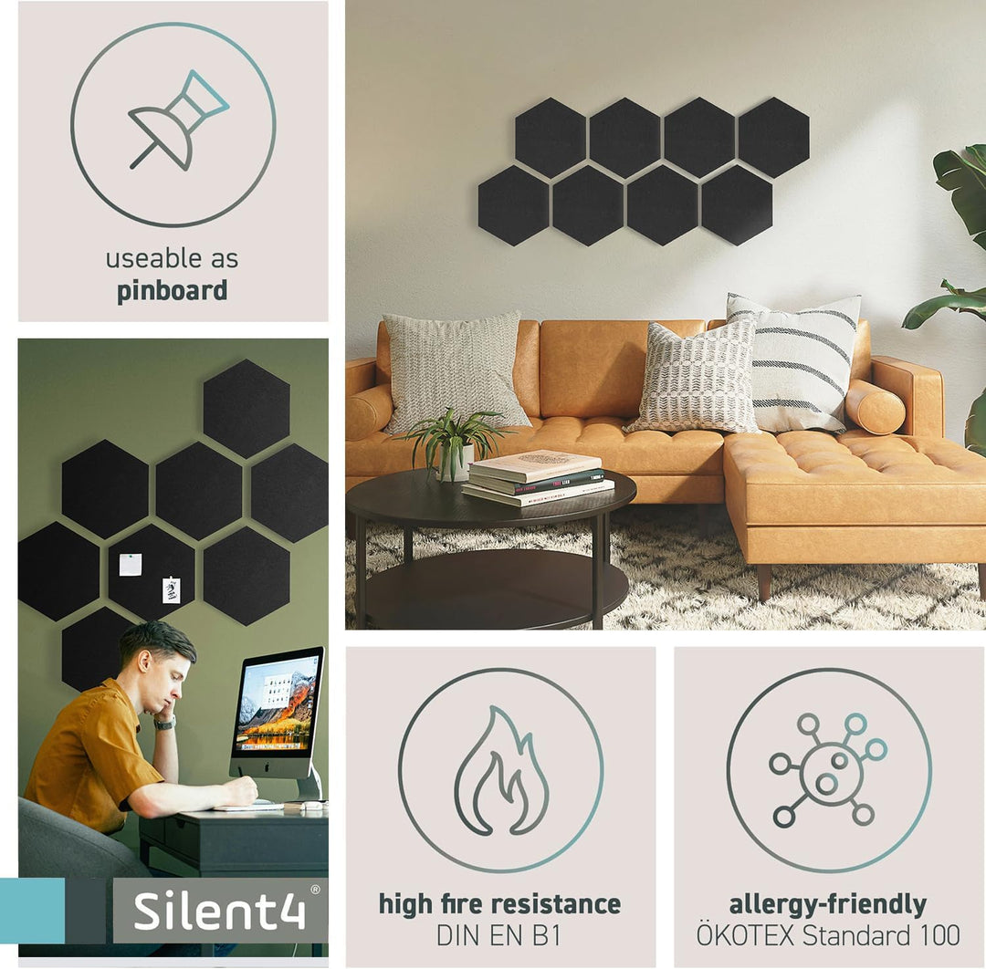 SILENT4® Schallabsorber Wand Set HEXAGON, 8 Elemente aus Akustikvlies, Klebemontage, Akustikbild Sch