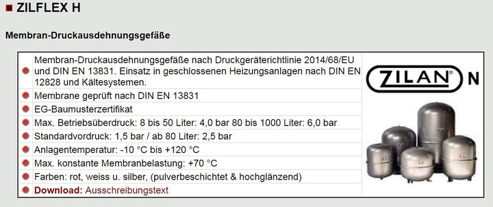 Zilmet Zilflex H 35 Ausdehnungsgefäss 1,5 bar Vordruck 35 Liter