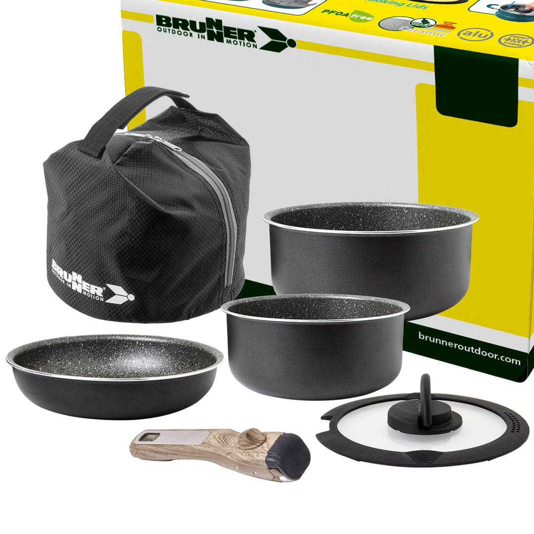 BRUNNER Camping Kochgeschirr-Set Alu (Töpfe und Pfannen) - ø 20, 22, 24, 26-cm Pirate Vakublock - 4