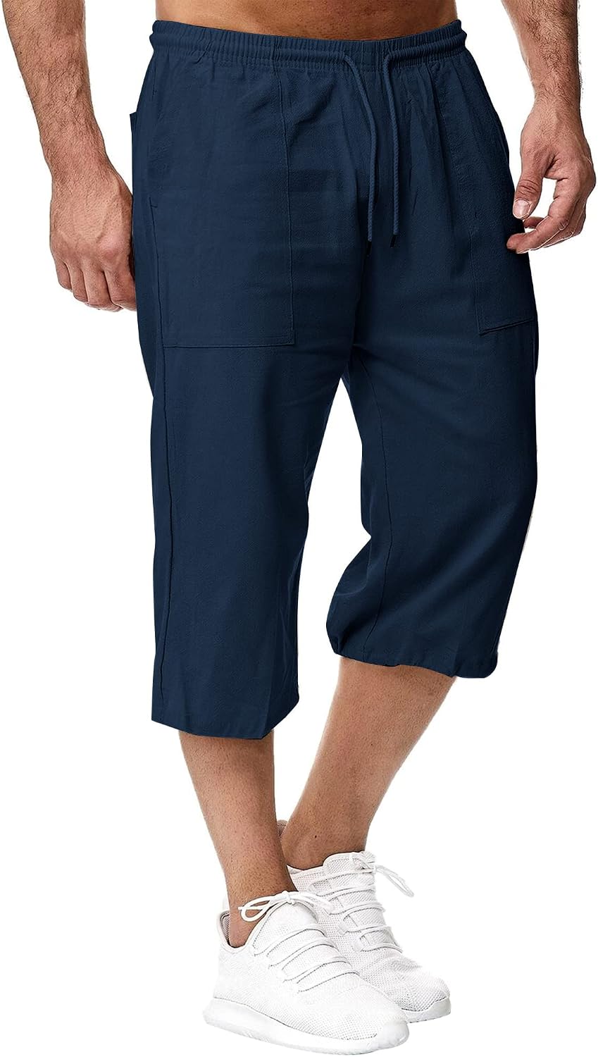 Remxi Herren-Shorts, 3/4-Leinen-Shorts, lockere Passform, Sommer, lässige Cargohose L Navy, L Navy
