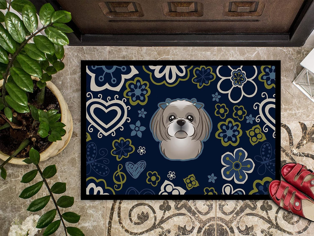Caroline's Treasures BB5101JMAT Blue Flowers Gray Silver Shih Tzu Indoor or Outdoor Mat Doormat, Mul