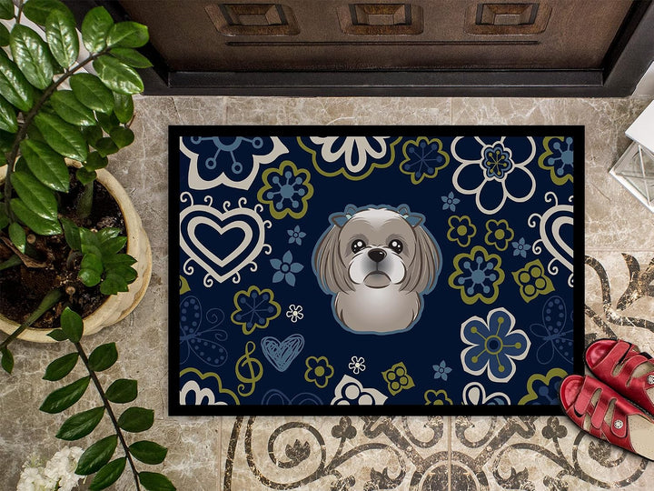 Caroline's Treasures BB5101JMAT Blue Flowers Gray Silver Shih Tzu Indoor or Outdoor Mat Doormat, Mul