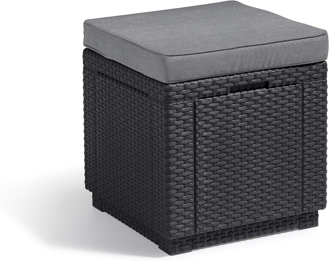 Allibert by Keter Cube Hocker mit Stauraum, grau, inkl. Kissen, Deckel abnehmbar, flache Rattanoptik