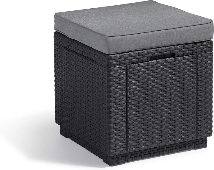 Allibert by Keter Cube Hocker mit Stauraum, grau, inkl. Kissen, Deckel abnehmbar, flache Rattanoptik