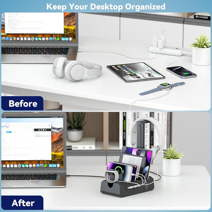 KDD Ladestation für Mehrere Geräte mit 6 Port – 6 in 1 Handy Ladestation mit Kopfhörer & Uhrenhalter