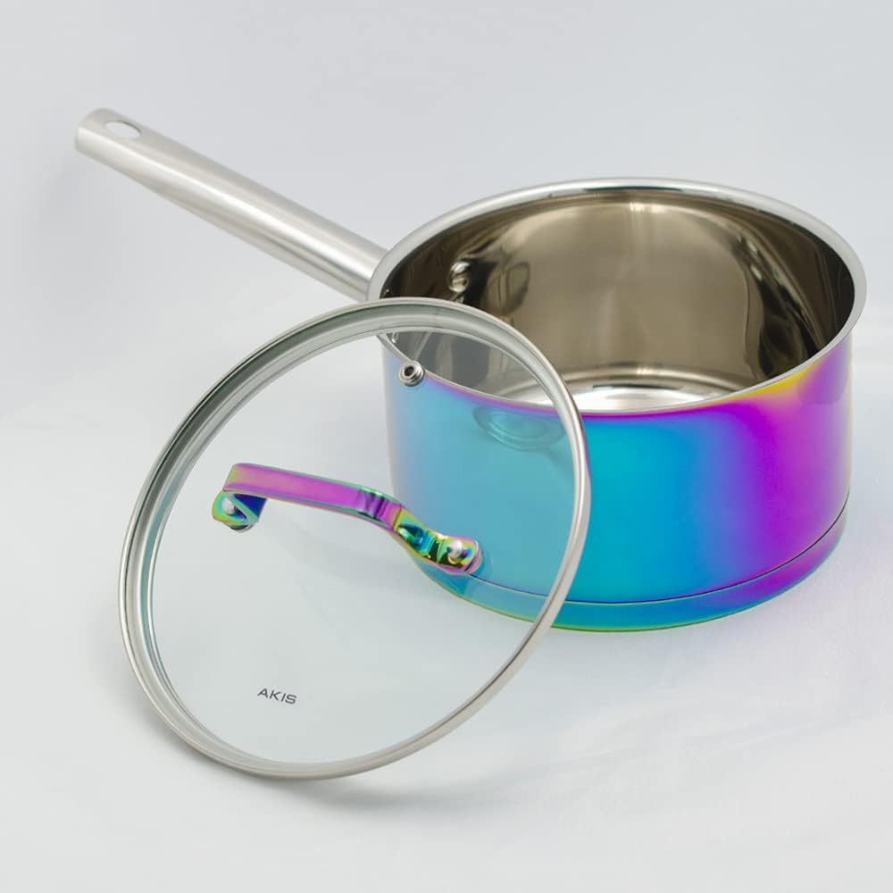AKIS Dazzling Regenbogen Edelstahl 6 teilig Pfanne Topfset 1 Kochtopf, 1 Pfanne, 1 Stieltopf mit 3 G