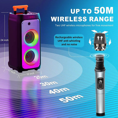 JYX Karaoke Anlage mit 2 drahtlosen Mikrofonen, Grosser Karaoke Lautsprecher Bluetooth mit Rädern un