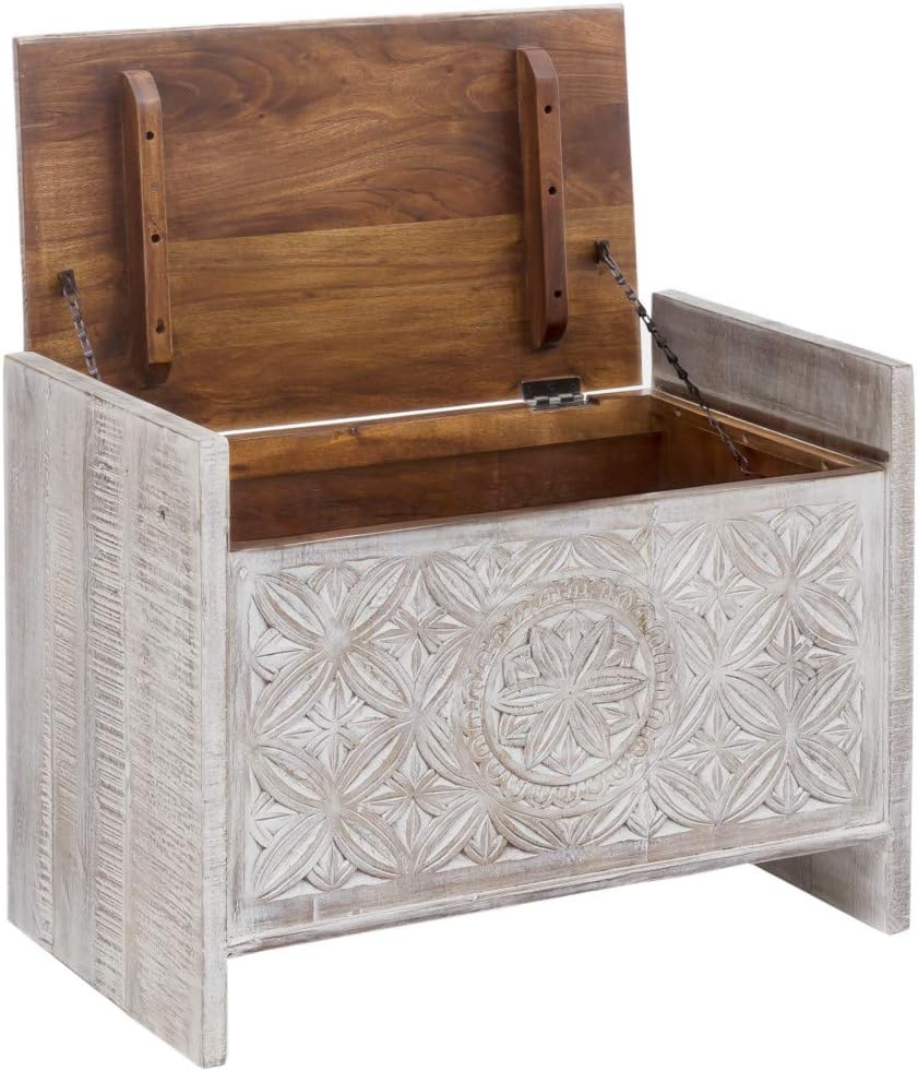 Woodkings® Sitzbank Mackay, Mangoholz massiv, Flurmöbel Vintage weiss, Schuhschrank, Truhe, Holzbank