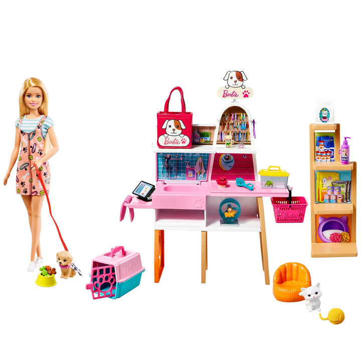 Barbie Pet Salon, 1x Barbie-Puppe mit blonden Haaren, Welpe, Kätzchen, Haustierzubehör, Barbie-Zubeh