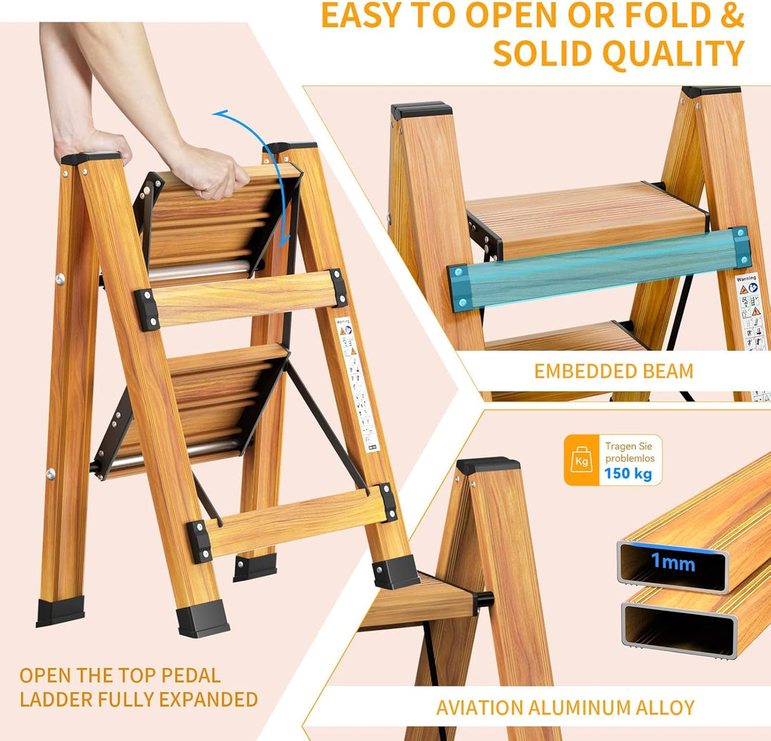 KULACO Trittleiter 2 Stufen klappbar, Aluminium Klappleiter, Tragbare Stufenleiter, rutschfeste Haus