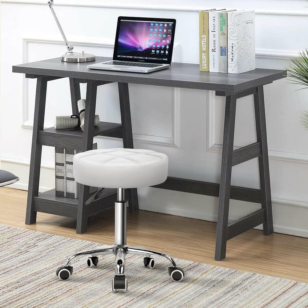 KKTONER Rollhocker Barhocker Arbeitshocker höhenverstellbar 51-67cm drehbar aus Kunstleder Weiss, We