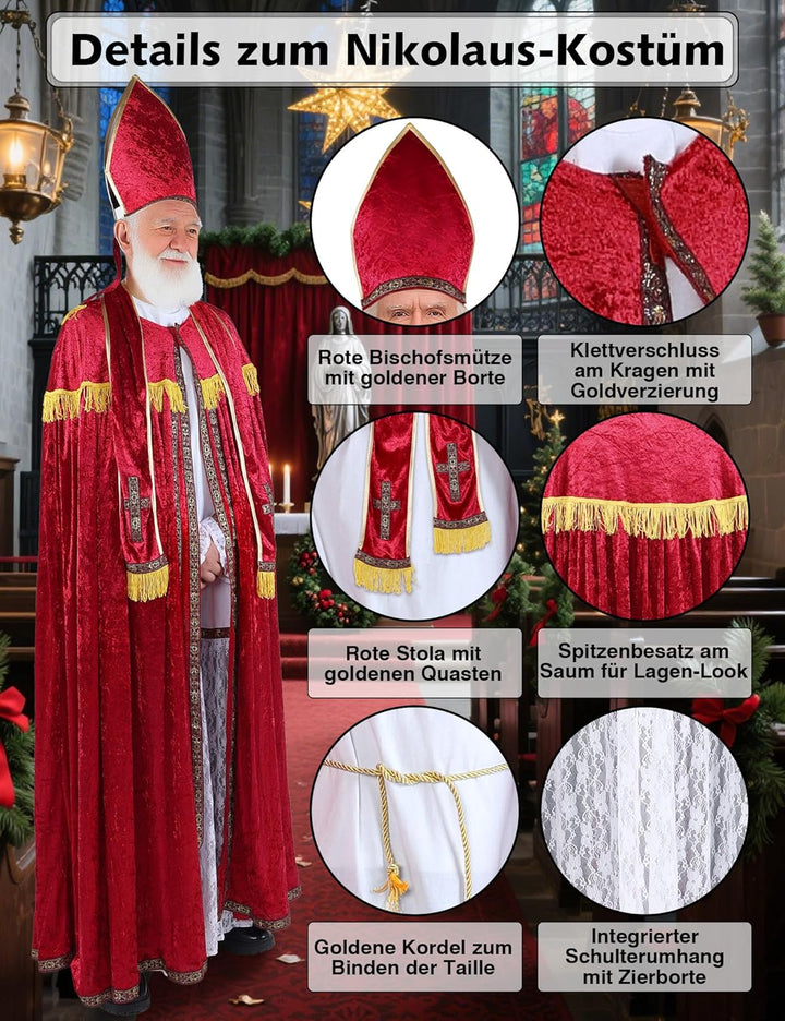 Ahititi Nikolaus Kostüm Herren Weihnachtsmann Bischof Kostüm Premium Set mit Zubehör Nikolauskostüm