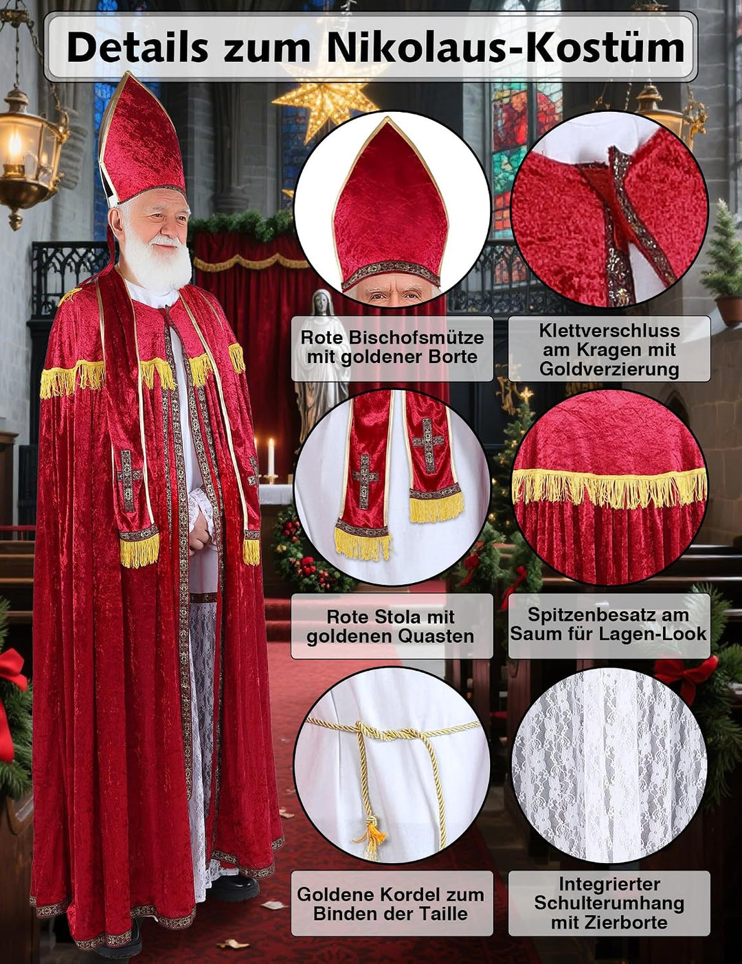 Ahititi Nikolaus Kostüm Herren Weihnachtsmann Bischof Kostüm Premium Set mit Zubehör Nikolauskostüm