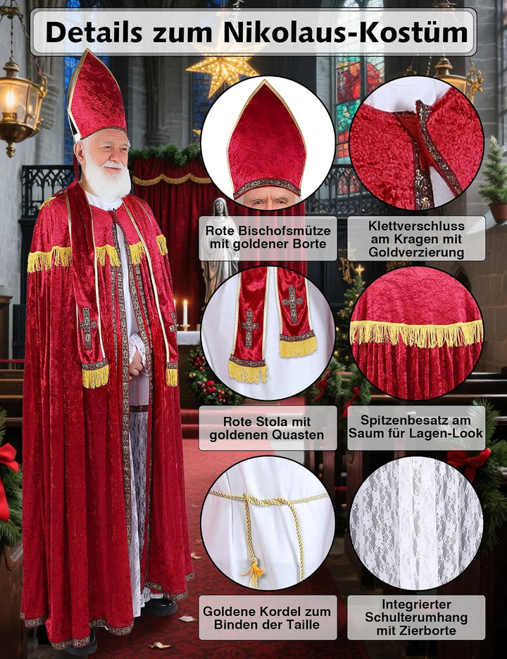 Ahititi Nikolaus Kostüm Herren Weihnachtsmann Bischof Kostüm Premium Set mit Zubehör Nikolauskostüm