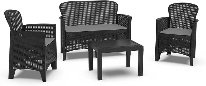 Dmora - Outdoor-Lounge-Set Ostuni, Gartengarnitur mit 2 Sesseln, 1 Sofa und 1 Couchtisch, Sitzecke i