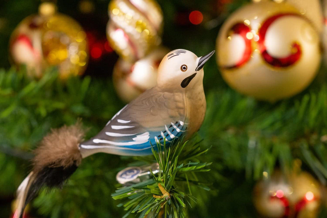 Birds of Glass® Glas-Vogel, Eichelhäher mit Naturfeder, Glasschmuck Made in Germany aus eigener Hers