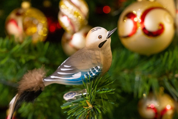 Birds of Glass® Glas-Vogel, Eichelhäher mit Naturfeder, Glasschmuck Made in Germany aus eigener Hers