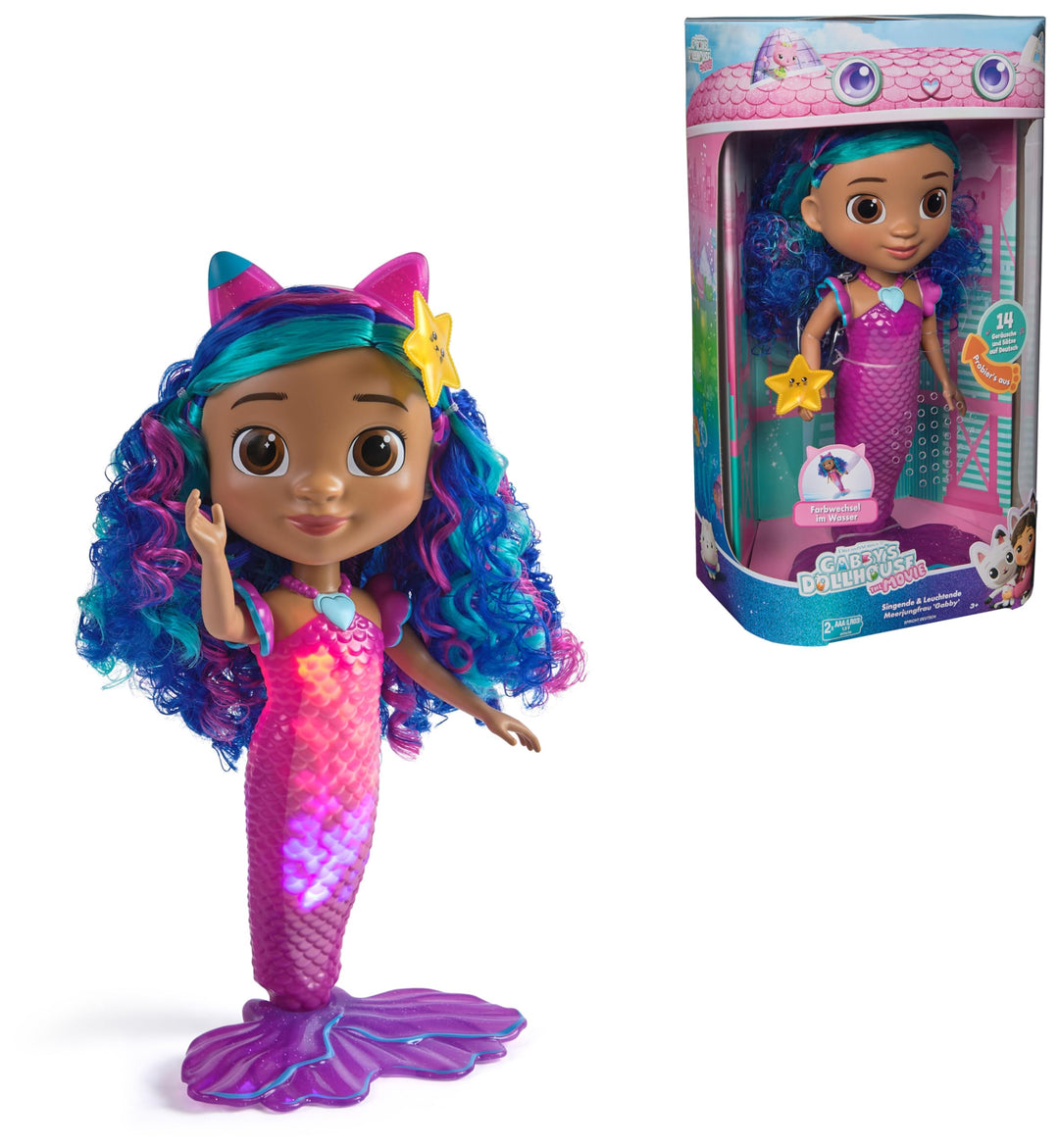 DREAMWORKS GABBY'S DOLLHOUSE – Sing und Shine Meerjungfrau Gabby, 35 cm grosse Puppe mit Licht- und