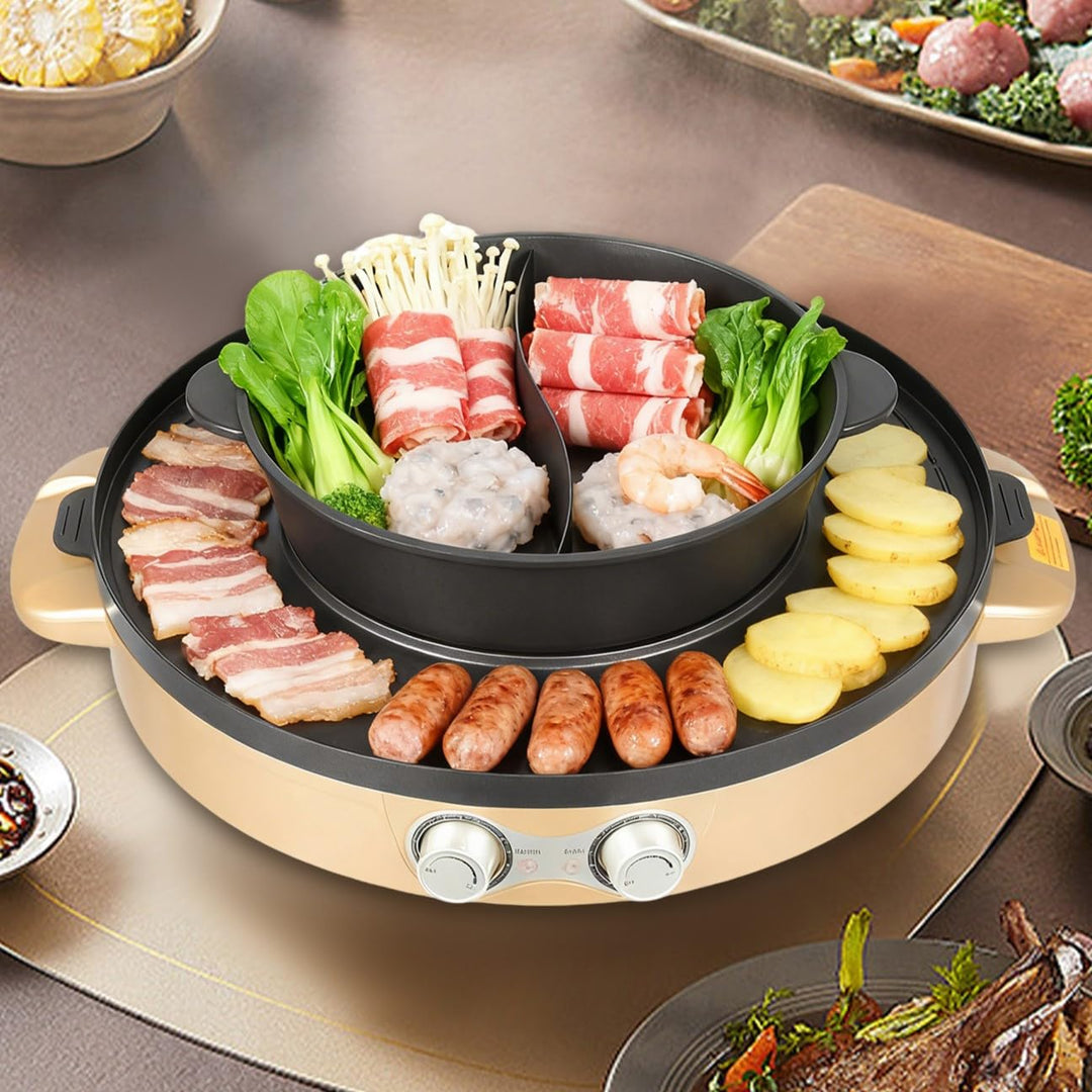 Elektrischer Food Party Hot Pot und Tischgrill Elektrisch 2 in 1 Electric Hotpot Topf Elektrogrill 2