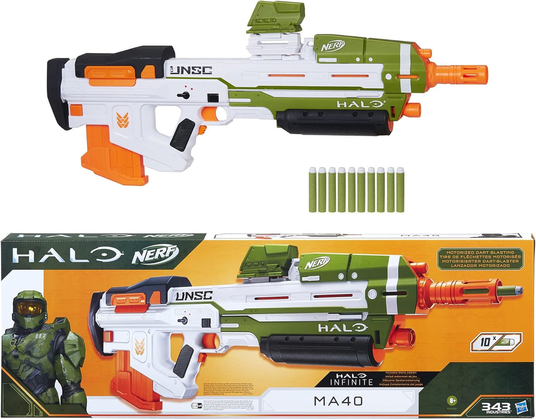 Nerf Halo MA40 motorisierter Dart Blaster – enthält abnehmbares 10-Dart Clip-Magazin, 10 Nerf Elite