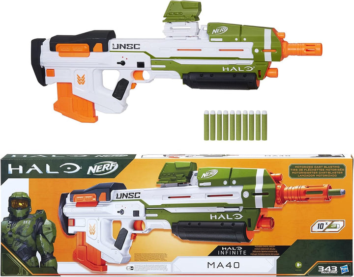 Nerf Halo MA40 motorisierter Dart Blaster – enthält abnehmbares 10-Dart Clip-Magazin, 10 Nerf Elite
